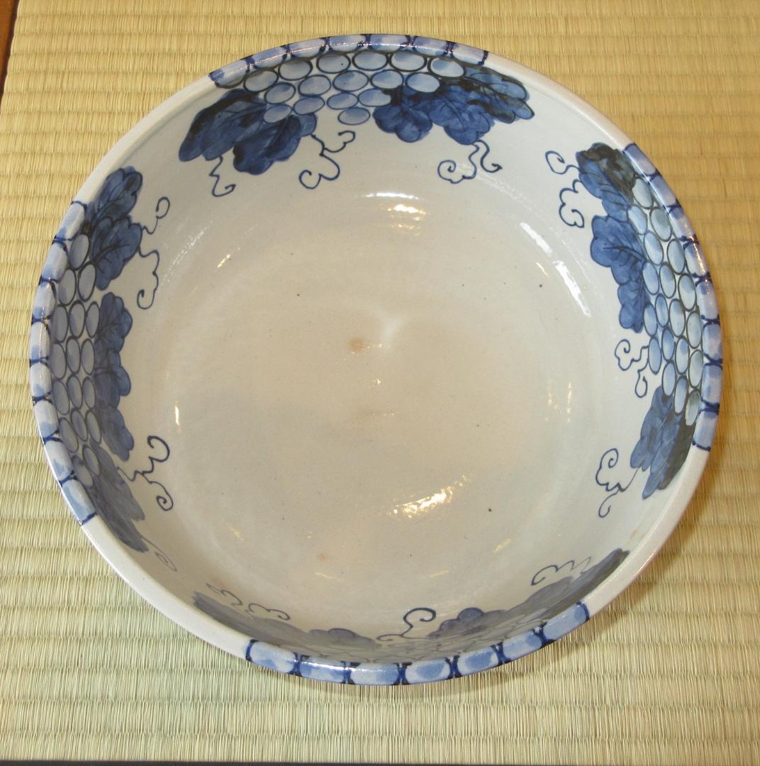 送料込【逢絢亭】茶道具 平水指 京焼 染付 葡萄の図 真塗の割蓋 平安桐鳳