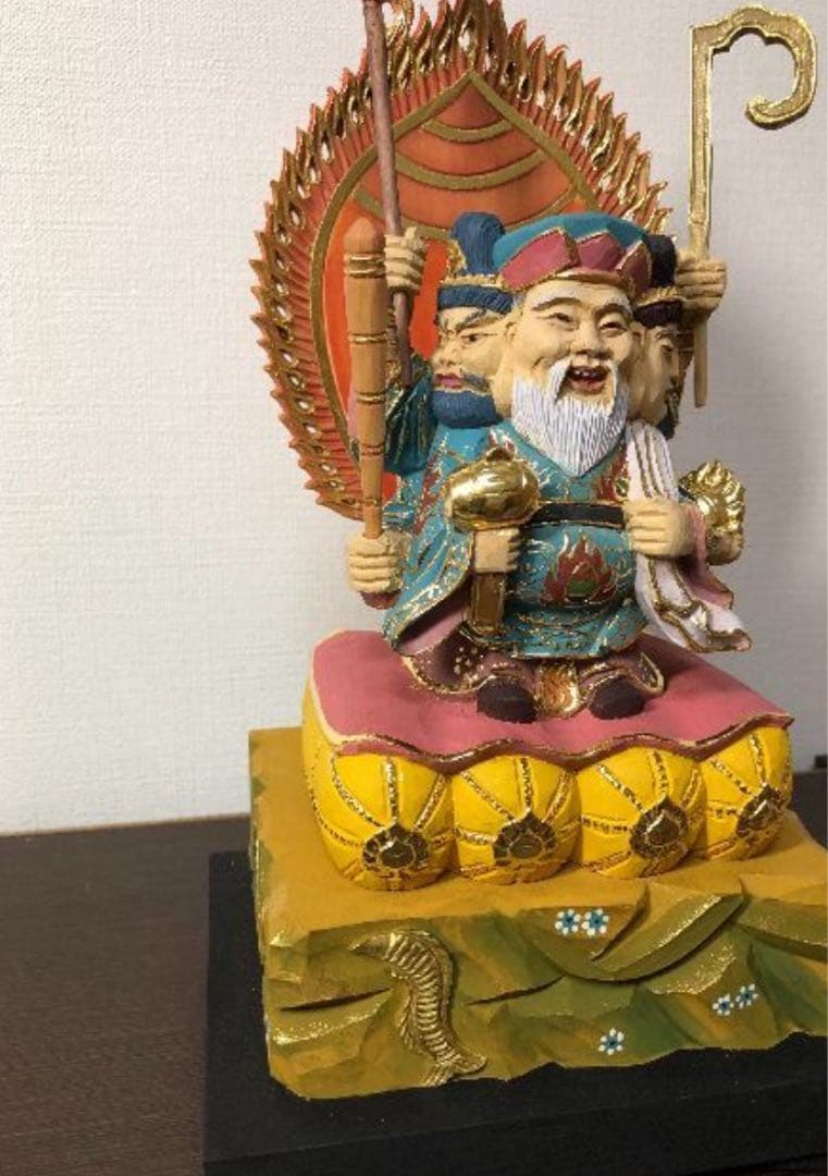 三面大黒天　仏像木彫り 桧木　新品 22cm