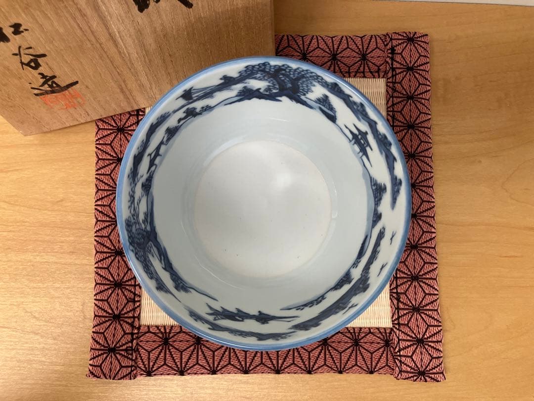 【祥瑞意茶碗】叶松谷作 五良大甫呉祥瑞造 中国 景徳鎮 染付磁器 共箱 未使用