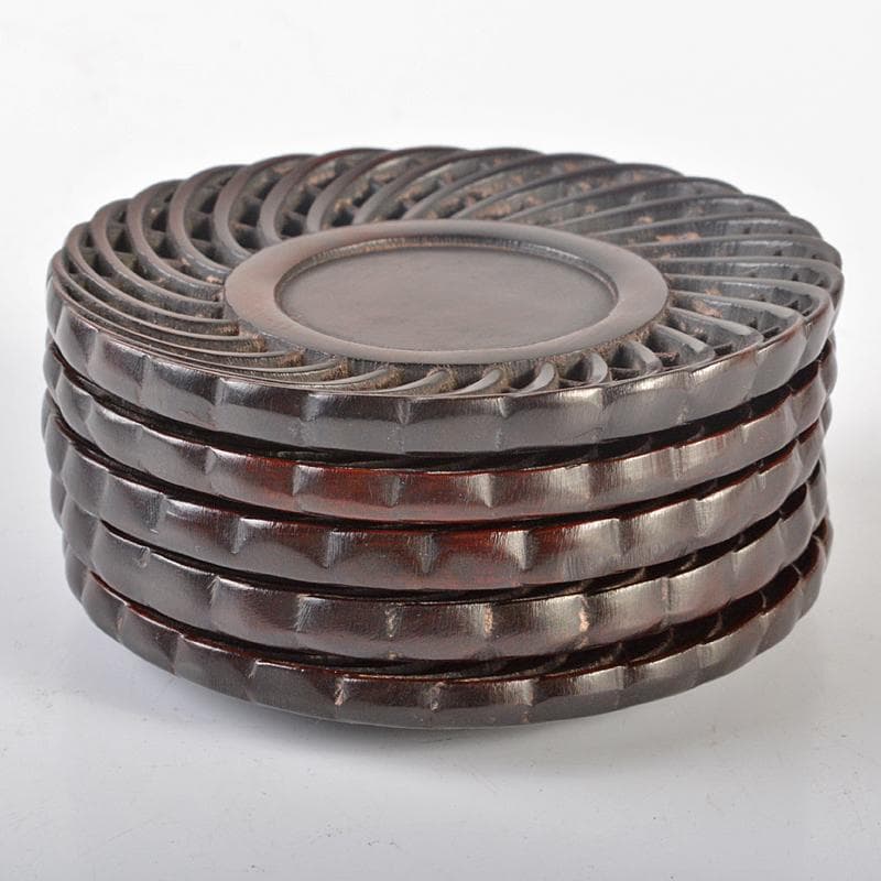 中国　唐木紫檀製　透かし彫り　茶托　五客　V　R6533E