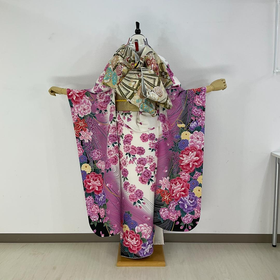 お振袖　単品　お仕立て上り品　白×紅紫　玉　正絹　美品　成人式　袴スタイルにも