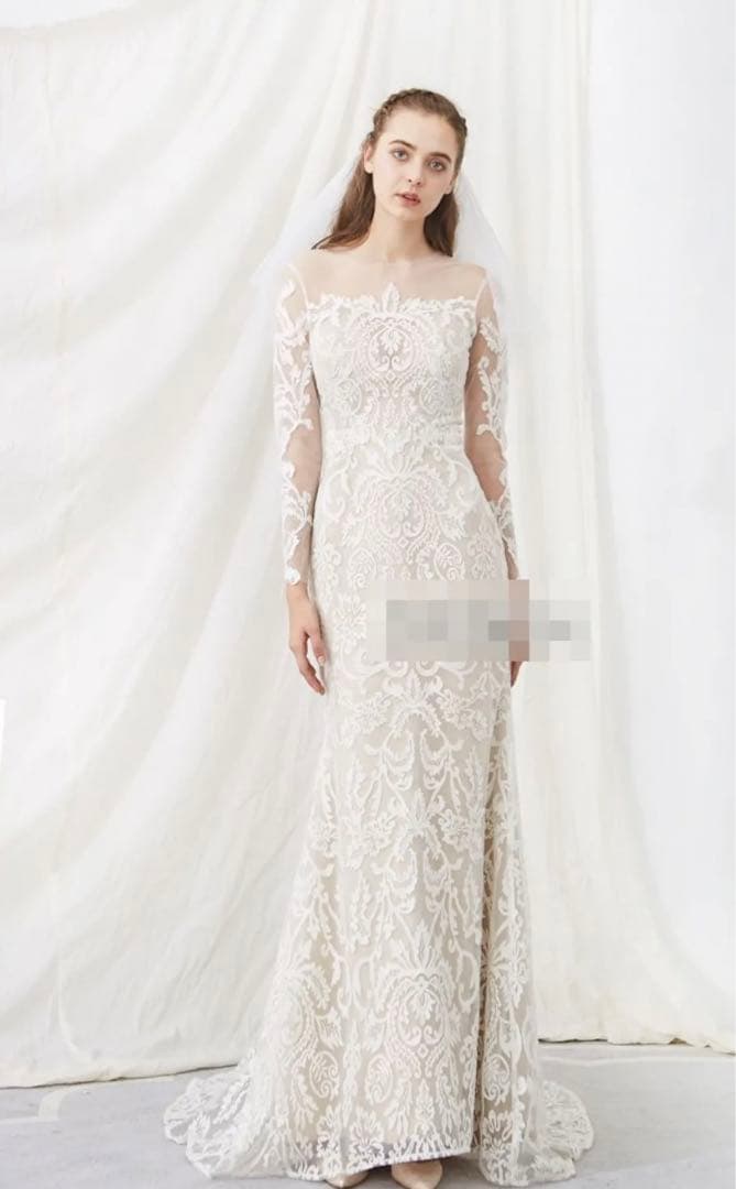 前撮り　二次会ドレス　長袖　レース刺繍