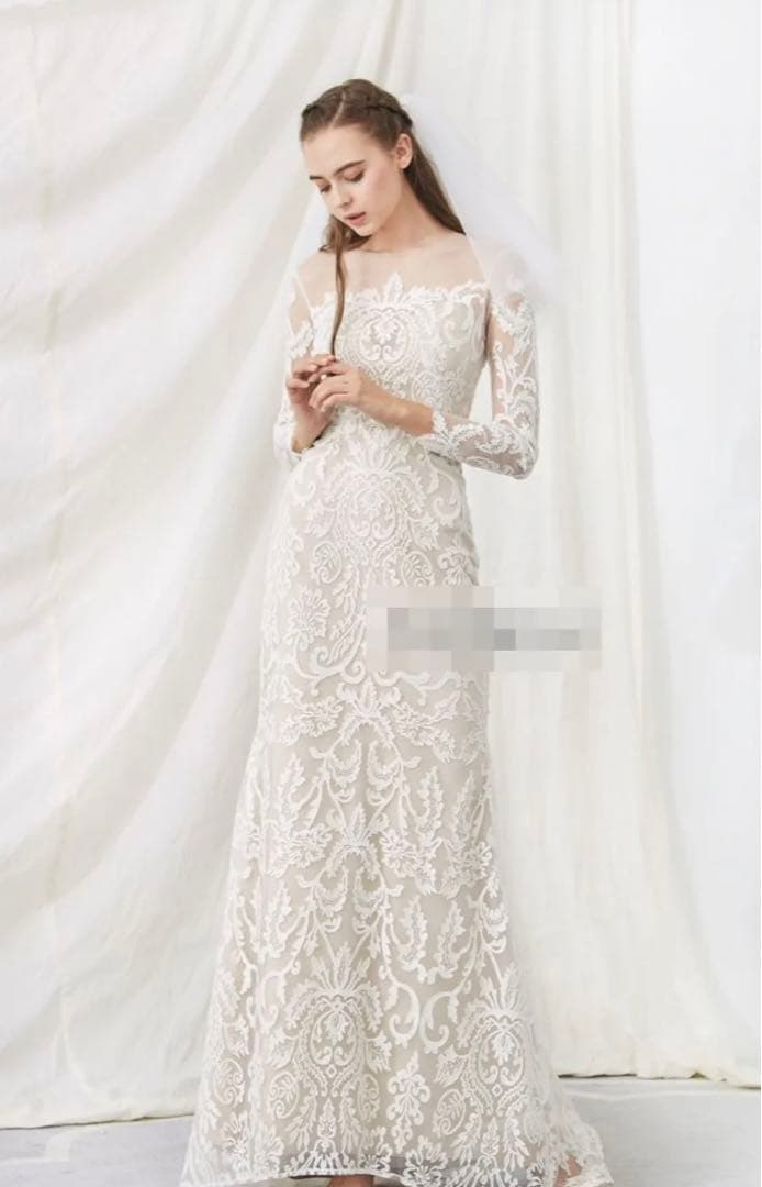 前撮り　二次会ドレス　長袖　レース刺繍