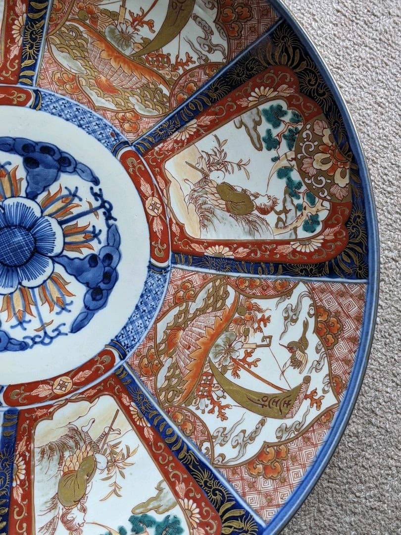 ♦江戸時代 古伊万里 染付 金襴手八窓宝船文大皿 コレクション骨董品アンティーク