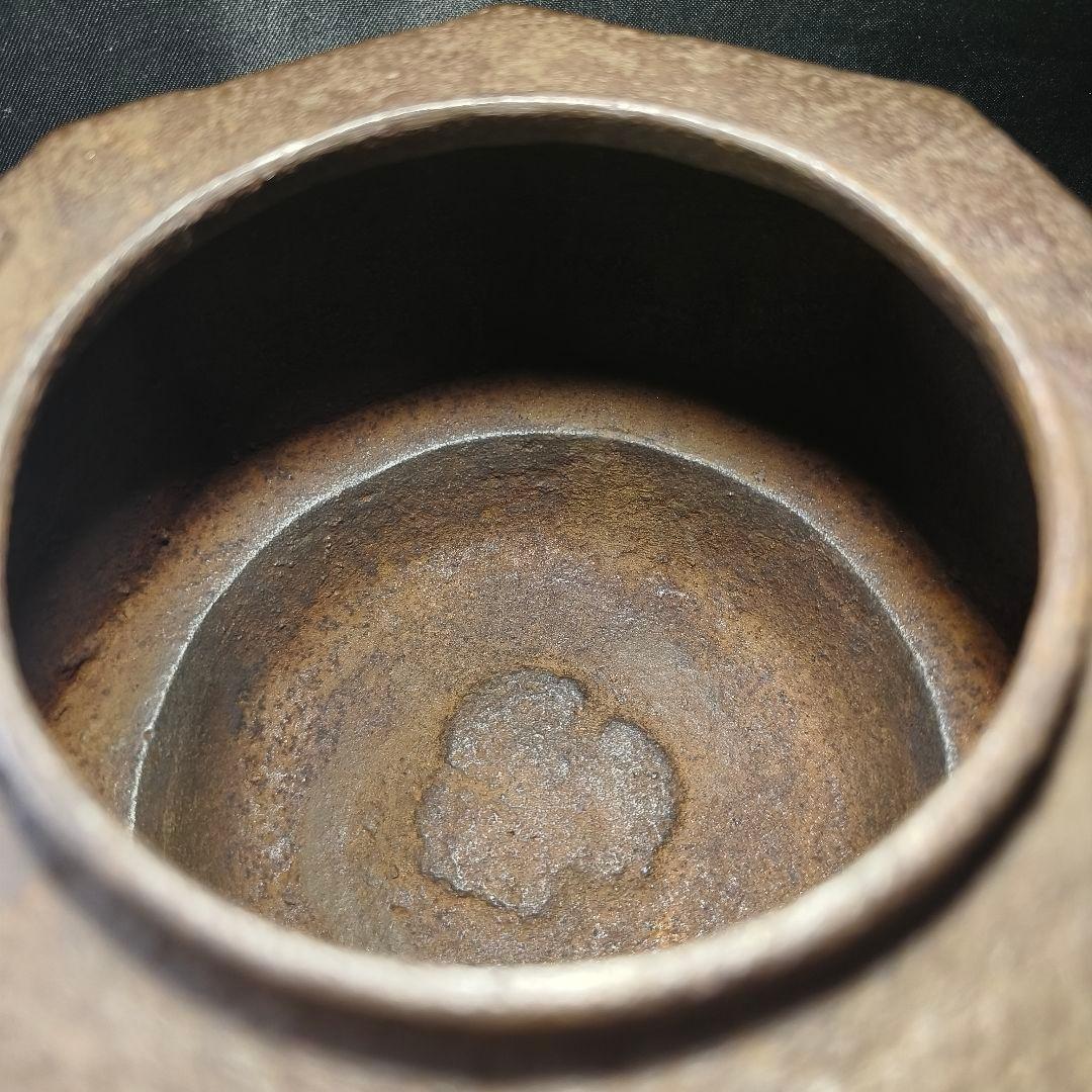 茶道具 南部鉄器 面取り鉄瓶 近江八景文 紫銅蓋 銀象嵌取手 明治骨董 旧家蔵出