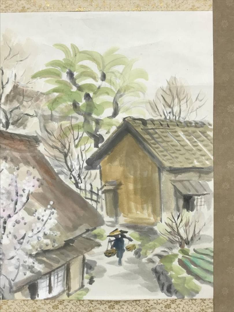 【真作】正風/田家の春図/山水図/春景山村図/横物/掛軸/名家伝来/AD-228