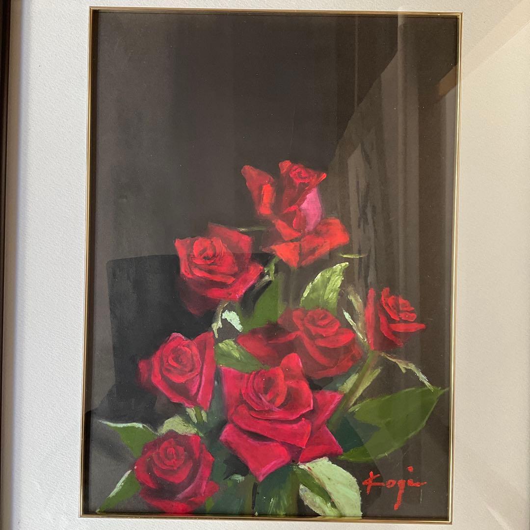 パステル画　渡壁公義「赤い薔薇」４号