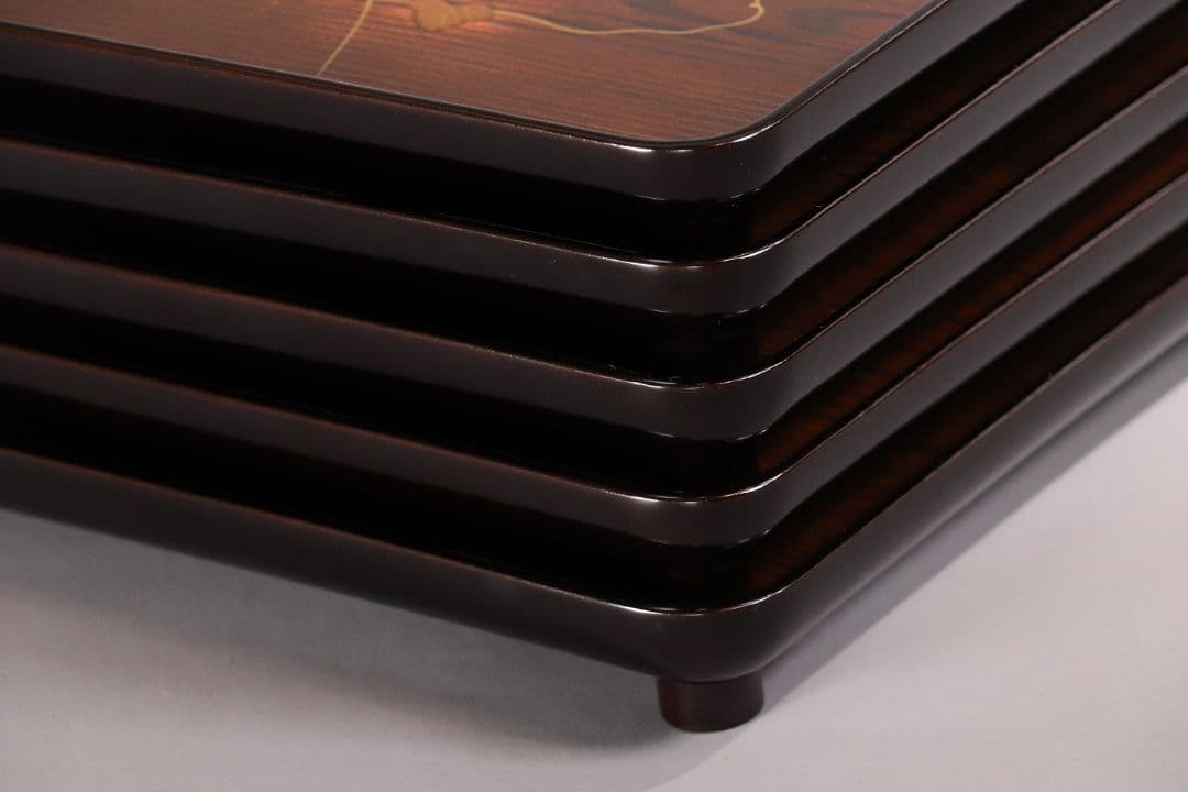 CL76 能登輪島塗 蔦金蒔絵 欅地 木地呂塗 足付四方膳 五客 木製漆器