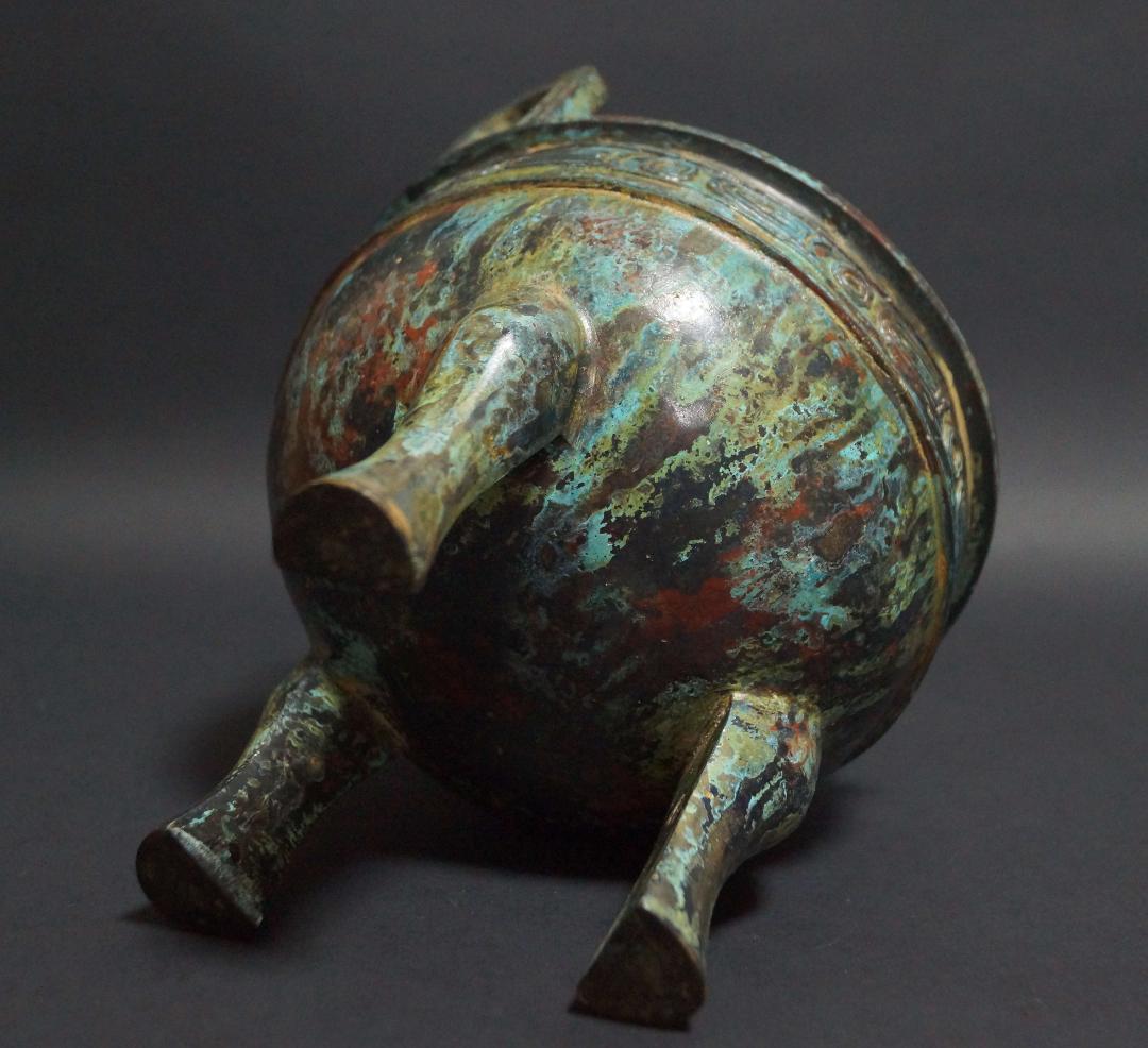 時代青銅製 金工細工 西周鼎 大型香炉 銘文入 置物 オブジェ 古美術 茶道具★