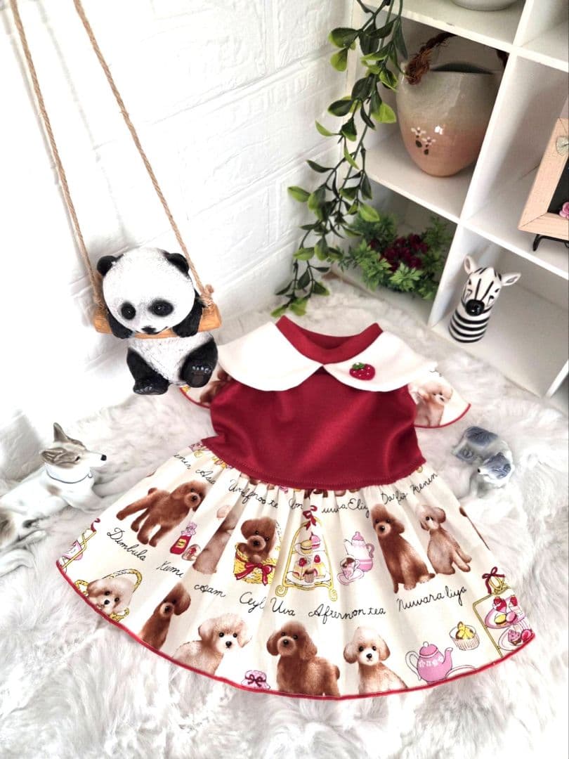 ハンドメイド犬服【可愛らしい丸襟付き・犬とスイーツ柄ワンピース】ペット服