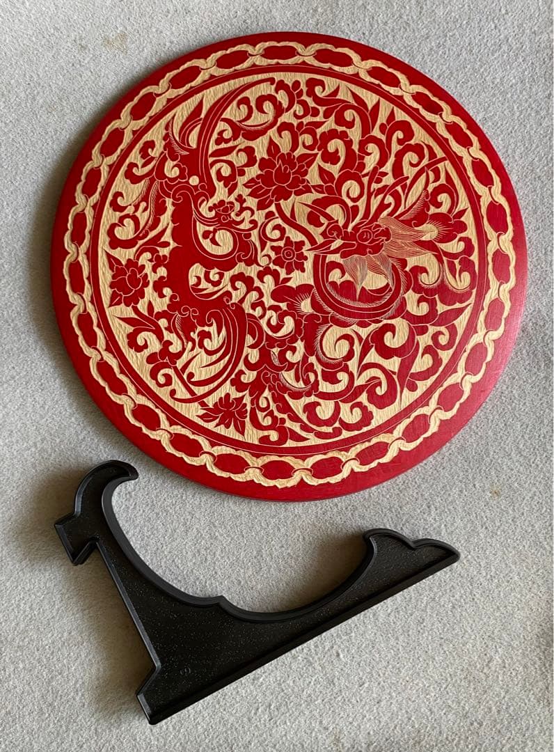 【龍鳳呈祥】龍・鳳凰柄／円盤彫刻★壁掛け・置物