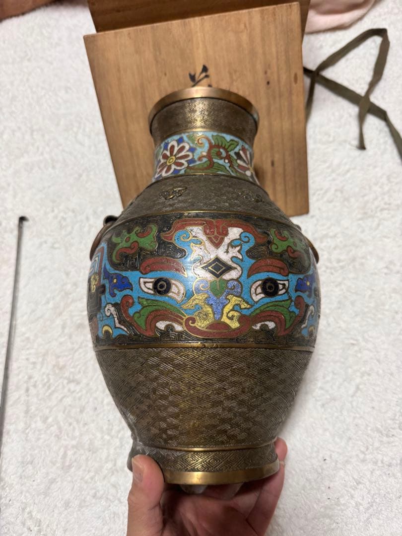 【希少骨董品】 中国 花瓶 壺 美術 古銅 古玩 亀甲文 七宝 双獣耳時代物