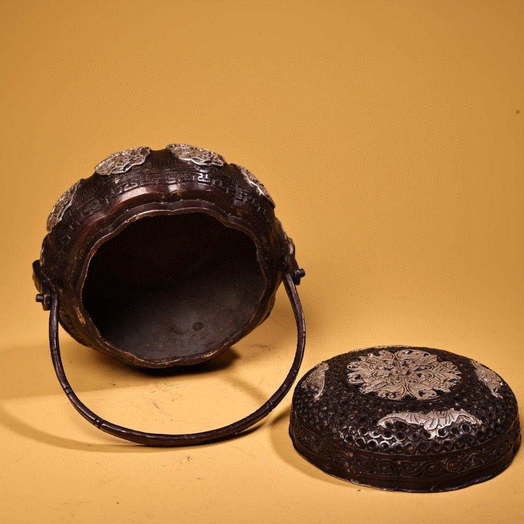 銅 細工 高浮彫鏨刻銀温手炉 香炉 提梁炉 香道具 装飾品 工芸品 置物