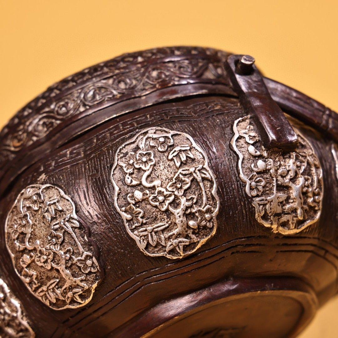 銅 細工 高浮彫鏨刻銀温手炉 香炉 提梁炉 香道具 装飾品 工芸品 置物