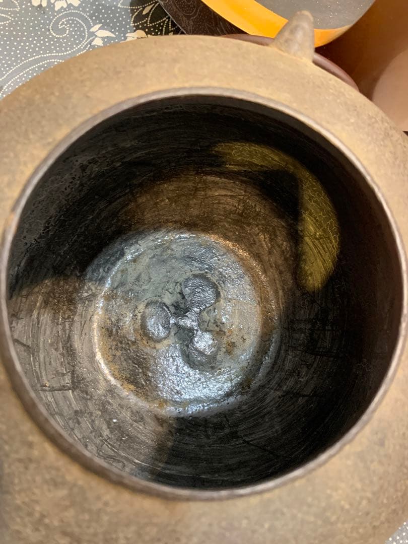 窯師辰敏作　浜松地紋　丸釜　面取風炉　風爐灰　爐用灰　底瓦　セット　茶道具