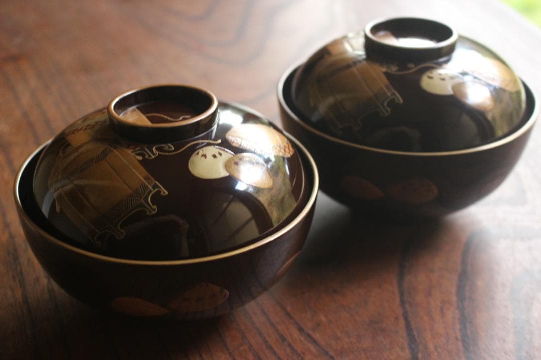 時代逸品！時代金縁黒漆に極上貝桶蒔絵の映えるお椀2点（検検京塗輪島塗蒔絵椀