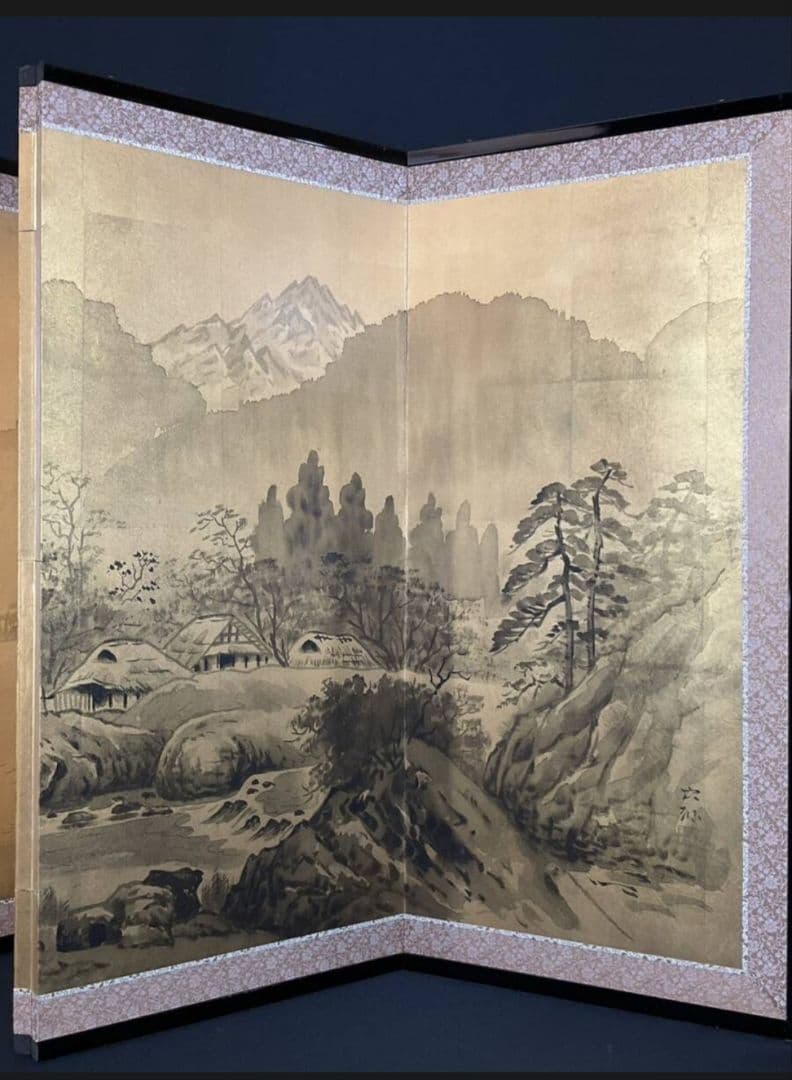 屏風　日本画　三浦良雄『河畔夕映』金箔屏風　真筆証明書付　四曲屏風