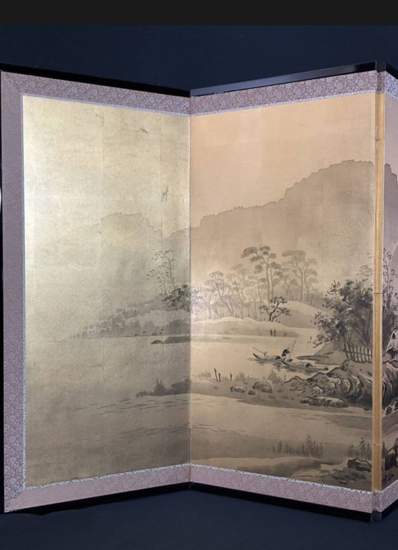 屏風　日本画　三浦良雄『河畔夕映』金箔屏風　真筆証明書付　四曲屏風