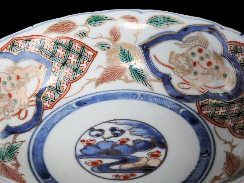 古伊万里　染錦　獅子に七宝紋の図　膾皿　２客　D797AS-fbqy