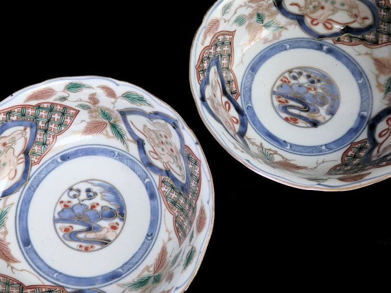 古伊万里　染錦　獅子に七宝紋の図　膾皿　２客　D797AS-fbqy