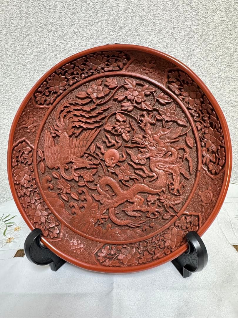 中国美術品 堆朱 龍と鳳凰文様皿 台湾国立故宮博物館