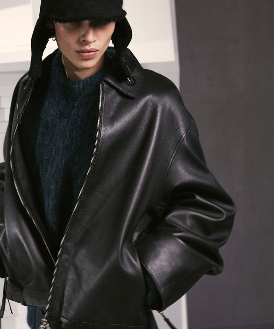 メゾンスペシャル ラムレザープライムオーバー襟付きシングルライダースジャケット