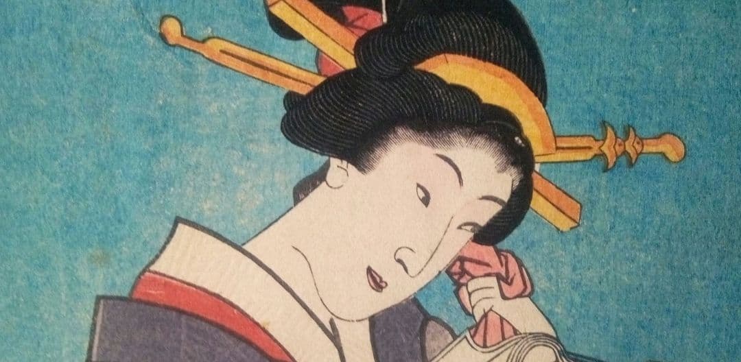 浮世絵、美人合十二月内月見月9月、葉月8月の二枚売り二枚繋がってます。三代豊国画