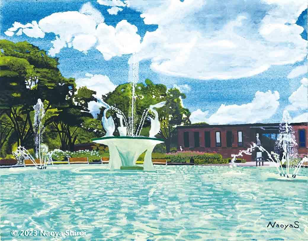 水彩画　ジクレー版画「ペリカン噴水」（石橋文化センター／久留米市）