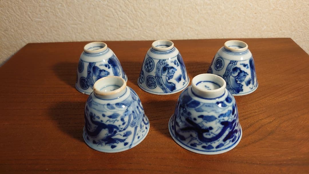 李朝　煎茶碗　染付　九谷焼　龍の図　古染付　アンティーク伊万里　５客