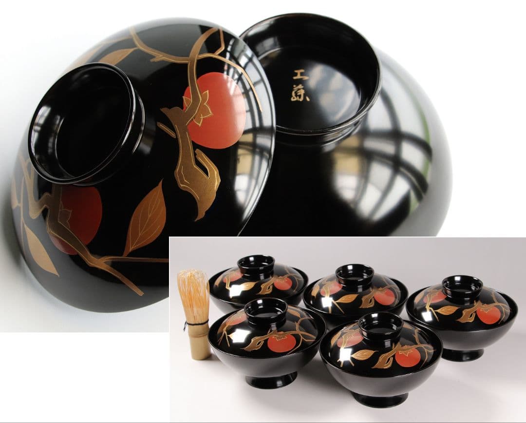 CK72 漆芸 木製漆器 輪島塗 柿蒔絵 黒塗御吸物椀 五客 / 秋 果物