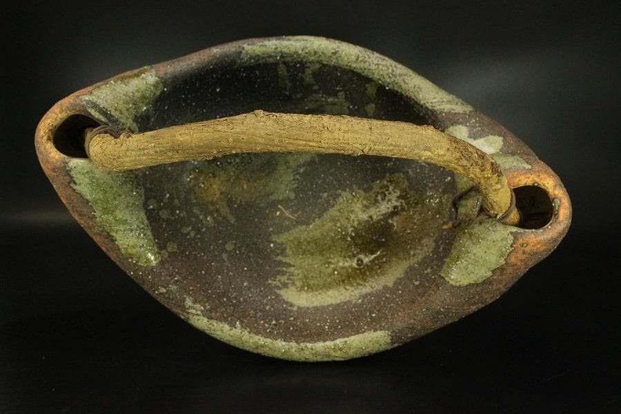 陶器 信楽 舟形 自然木 手付き 盛鉢 43.5cmx31.5cm(A342)