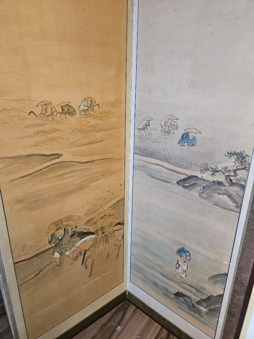 東洋洋 耕図 屏風 六曲一双 紙本肉筆 法眼東洋 人物図 日本画