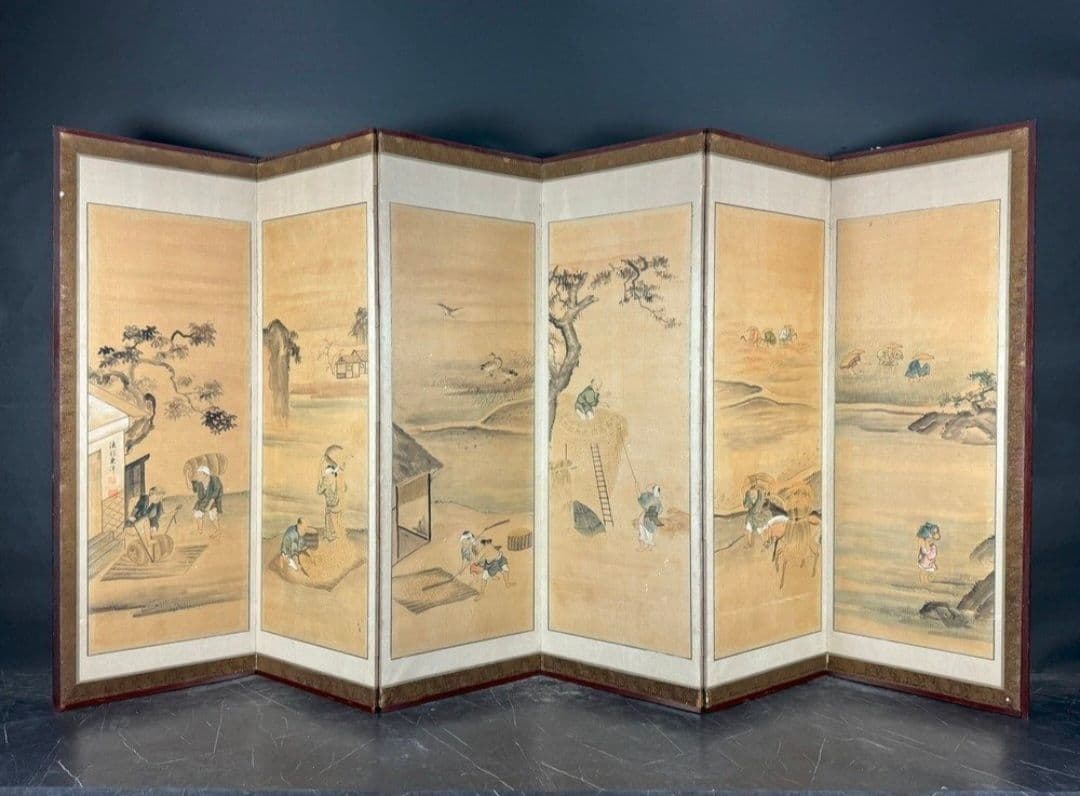 東洋洋 耕図 屏風 六曲一双 紙本肉筆 法眼東洋 人物図 日本画