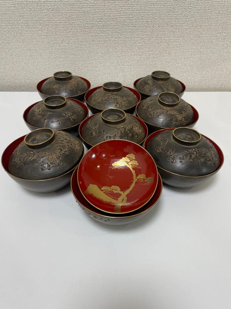 明治 大正期 会津塗 鉄錆塗 蒔絵 富士山 松 梅 木製 蓋付き お椀 内朱 ②