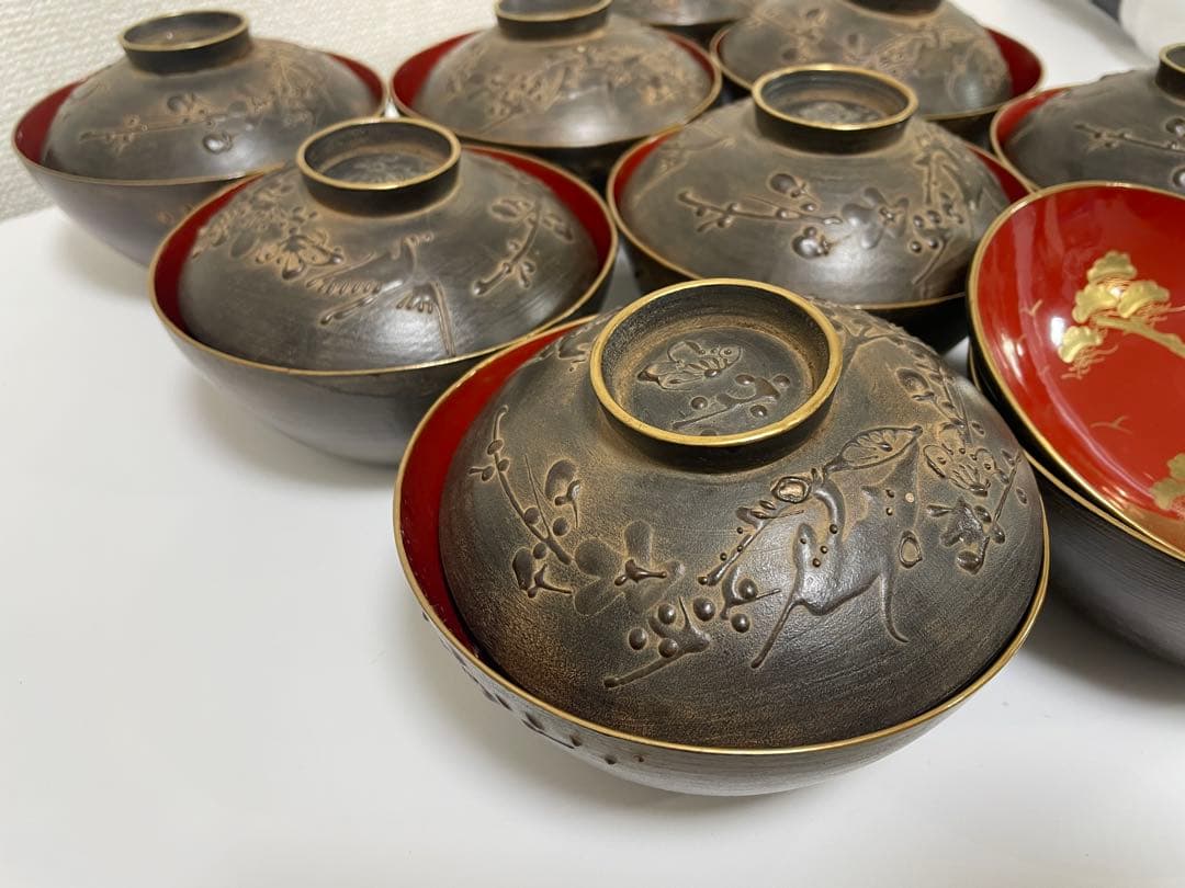 明治 大正期 会津塗 鉄錆塗 蒔絵 富士山 松 梅 木製 蓋付き お椀 内朱 ②