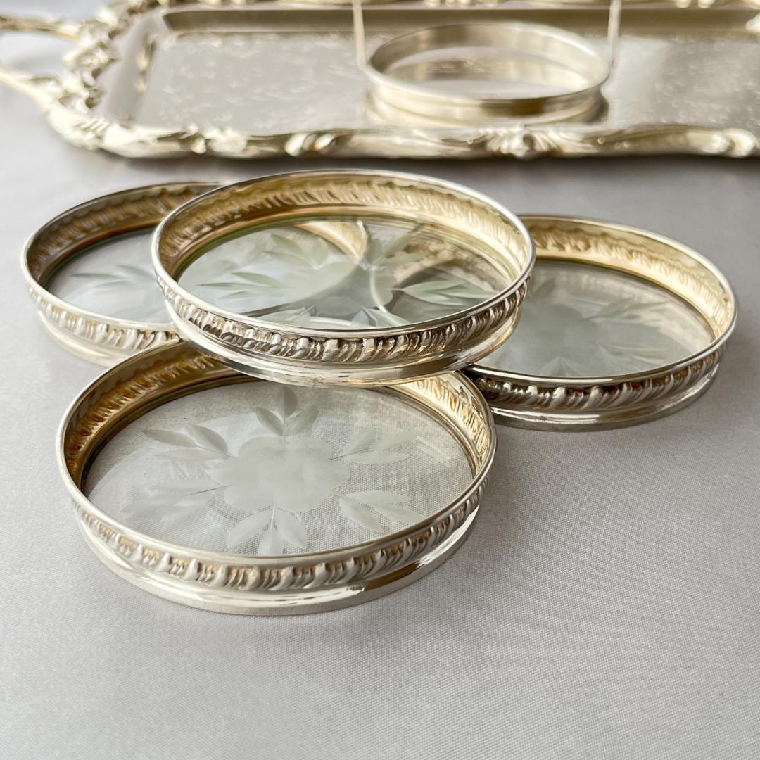 【純銀 / ガラス】ワイングラスコースター 4枚 スターリングシルバー (1)