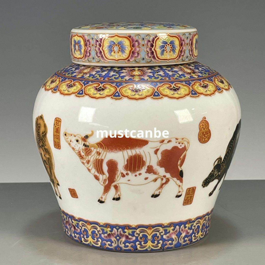 琺瑯彩五牛図蓋缶 景徳鎮 陶磁器 装飾品 現代工芸品 美術品 置物