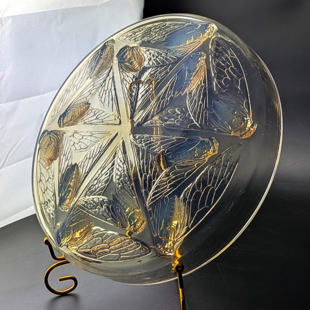 ラリックCigales 1921年セミ紋様26cm大蓋物 純正台座付　極希少