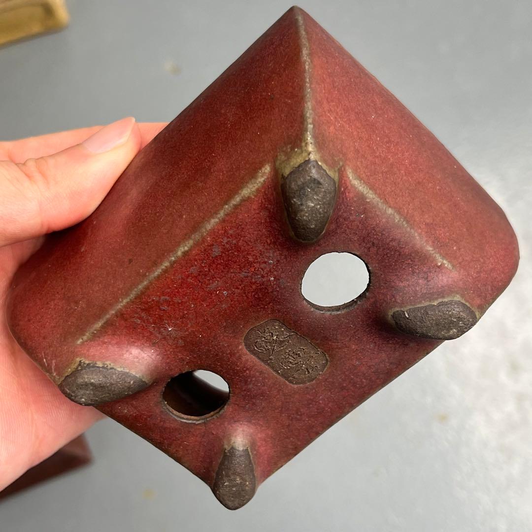 731.暁雲 辰砂釉長方 盆栽鉢 植木鉢 小品鉢 10*7.7*5.3cm