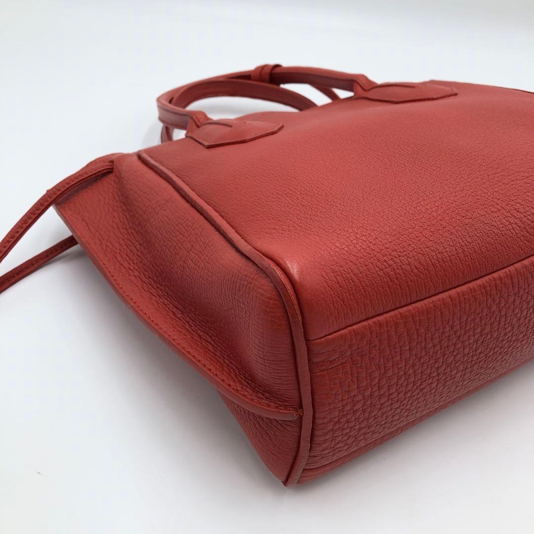 美品 ロンシャン ペネロペ シボ革 ハンドバッグ レザー 濃いオレンジ系