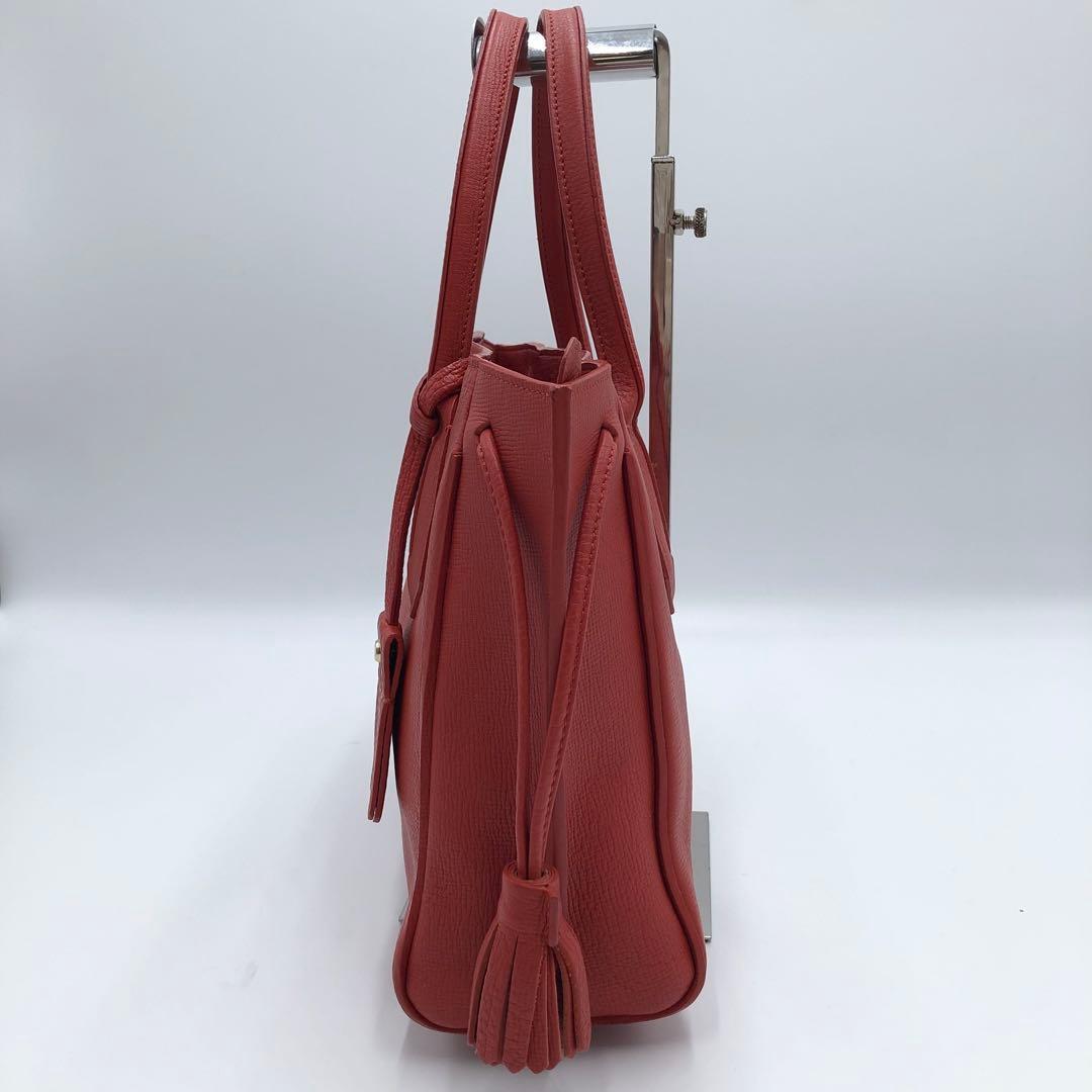 美品 ロンシャン ペネロペ シボ革 ハンドバッグ レザー 濃いオレンジ系