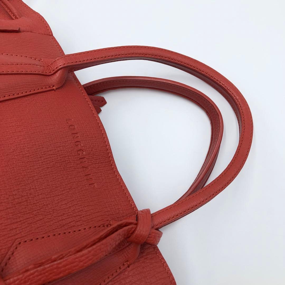 美品 ロンシャン ペネロペ シボ革 ハンドバッグ レザー 濃いオレンジ系