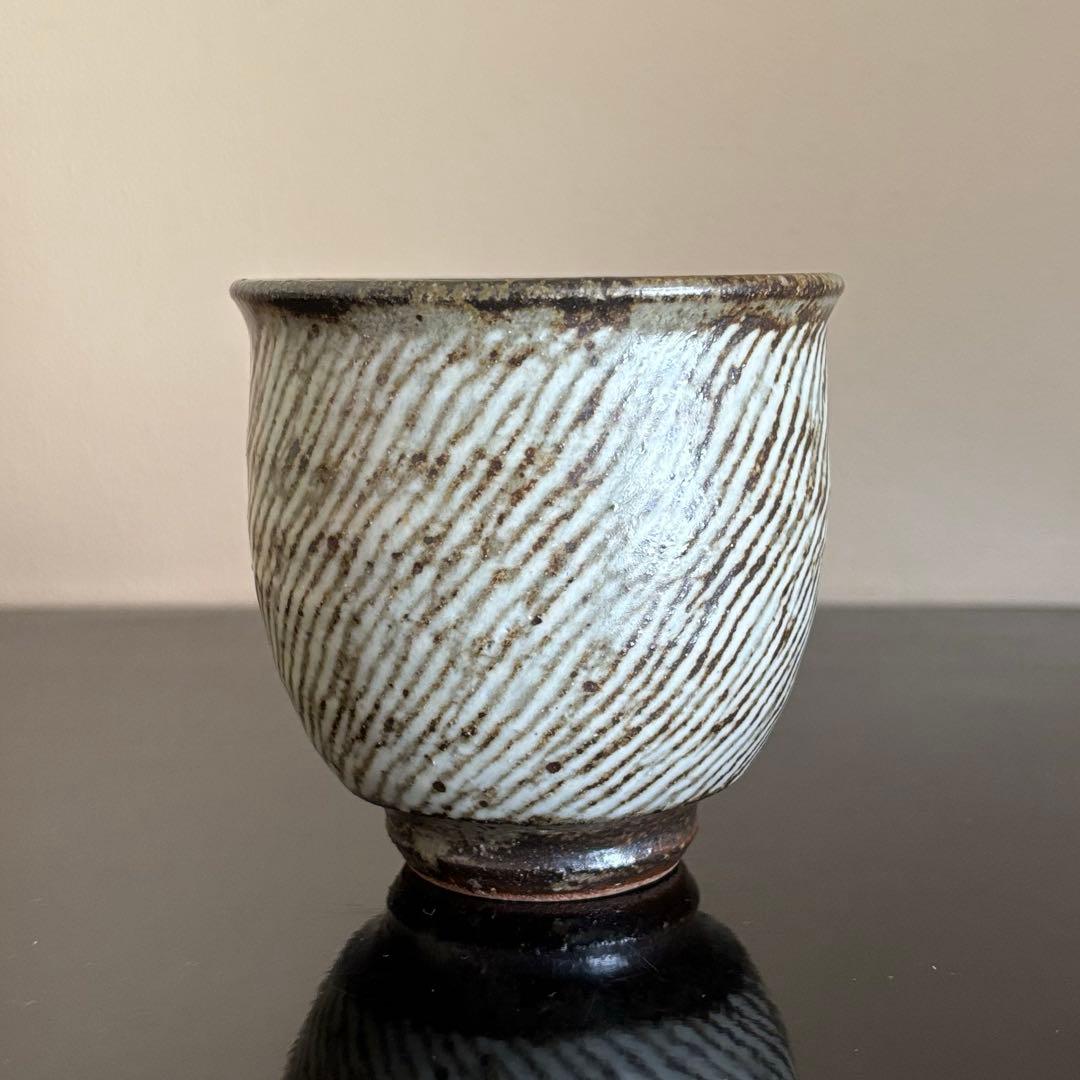 人間国宝 島岡達三 益子焼 象嵌湯呑 共箱 陶歴付 茶器 湯呑み 1客