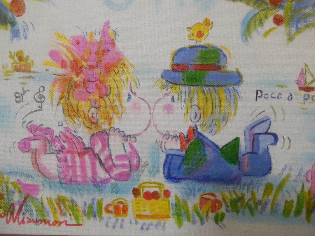 M10 絵画　 油彩　水森亞土「人物」 サイン　 肉筆手描き　額装済み