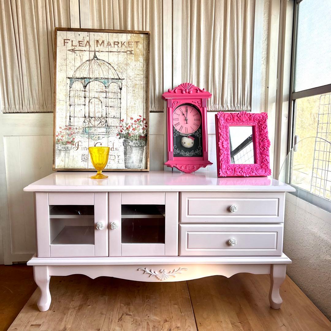 ピンクのテレビボード　フェミニン プリンセス系 幅90cm ロココ調　テレビ台