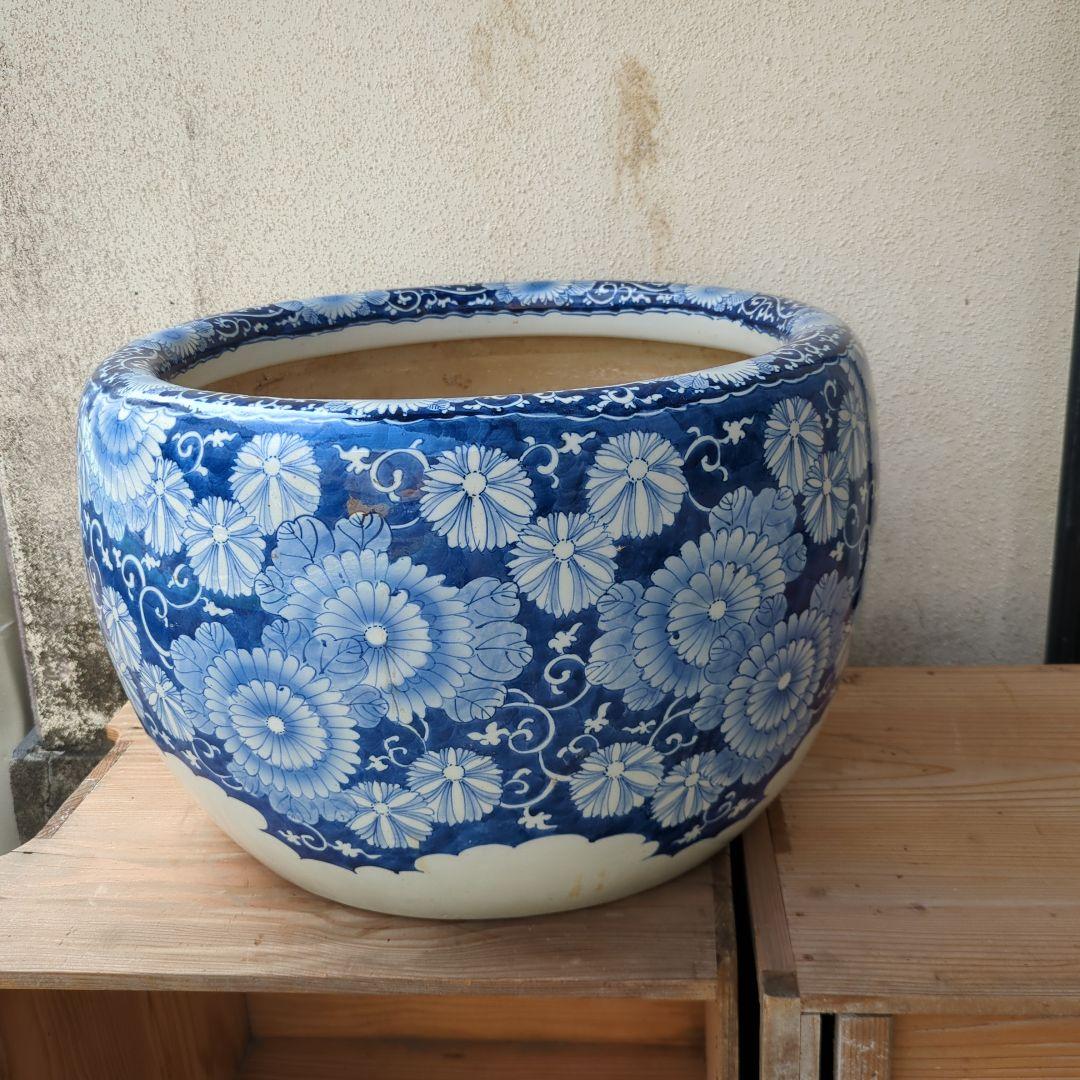 骨董 火鉢 染め付け モダン レトロ花 メダカ 睡蓮鉢 金魚 テーブル