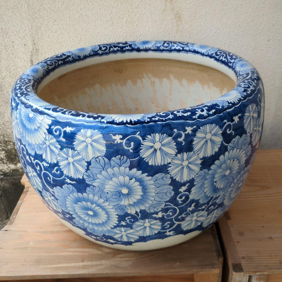 骨董 火鉢 染め付け モダン レトロ花 メダカ 睡蓮鉢 金魚 テーブル