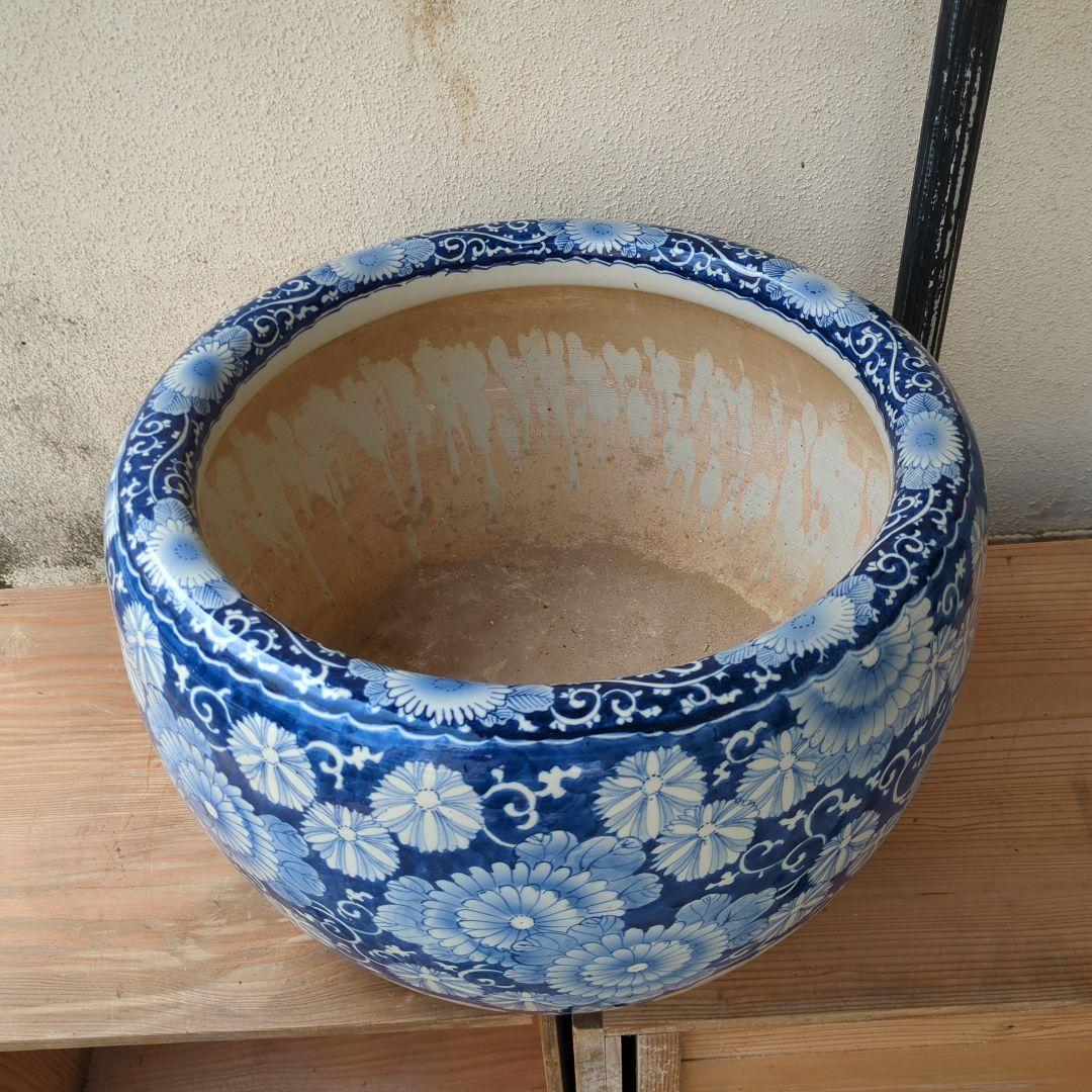 骨董 火鉢 染め付け モダン レトロ花 メダカ 睡蓮鉢 金魚 テーブル