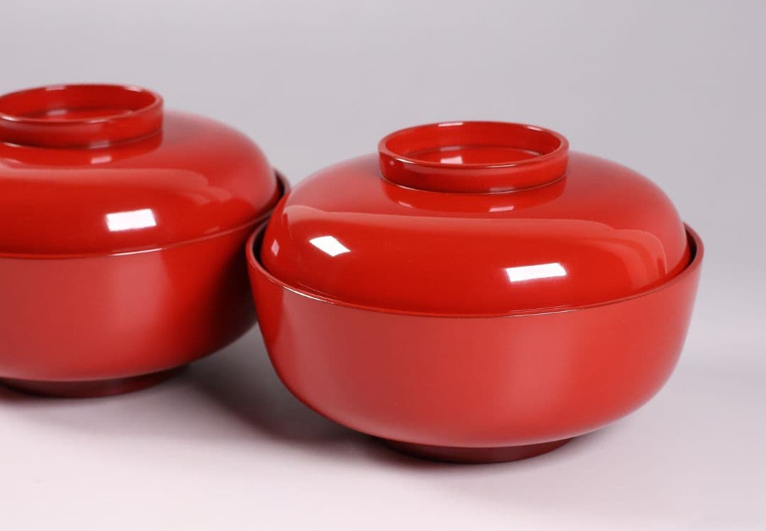 【CM360】輪島塗 宝尽くし金蒔絵 朱塗椀 二客 小槌 軍配 霊芝 木製漆器