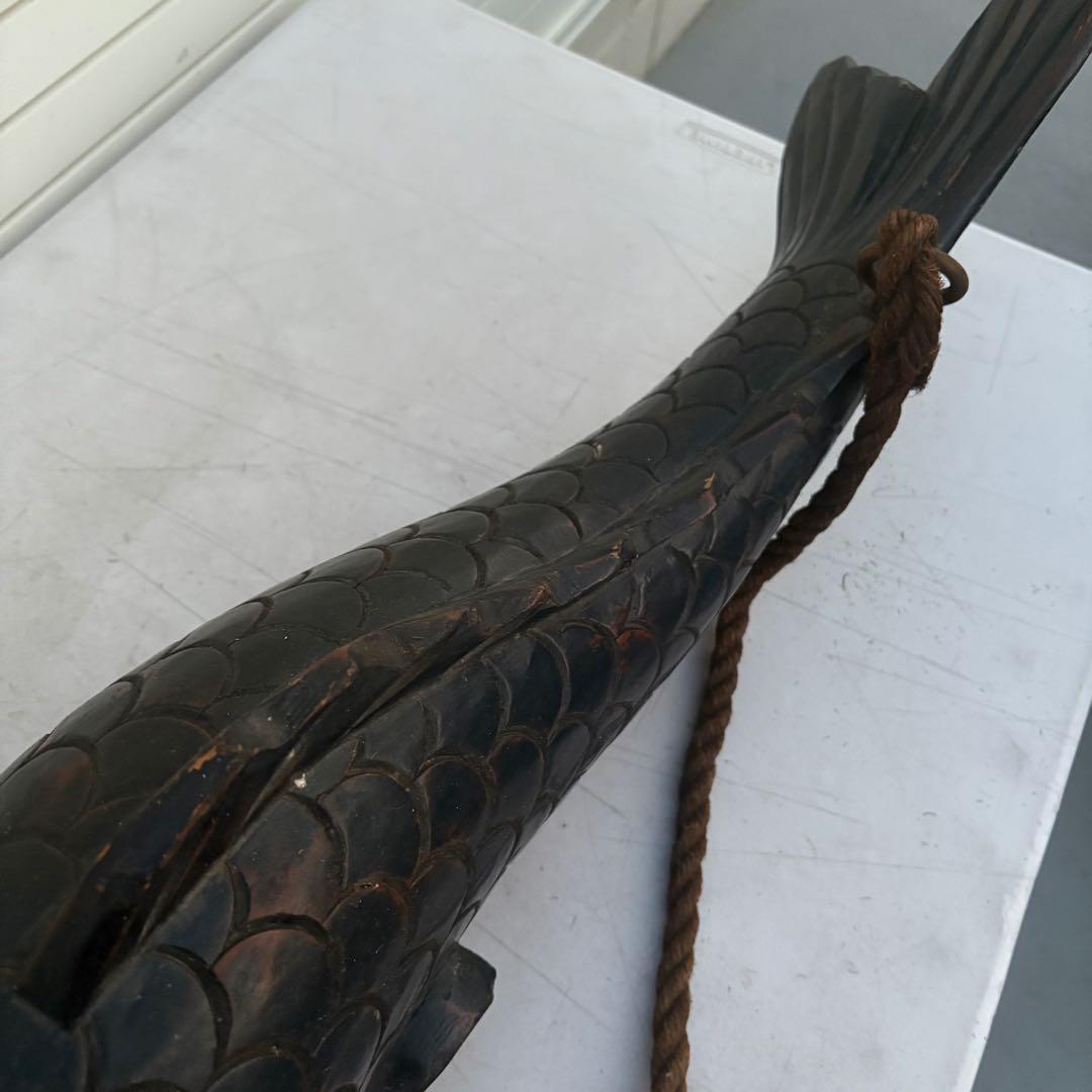 古作■自在鉤 無垢材 鯉型 精緻彫刻 吊り縄 鉄鈎付き 囲炉裏 古道具